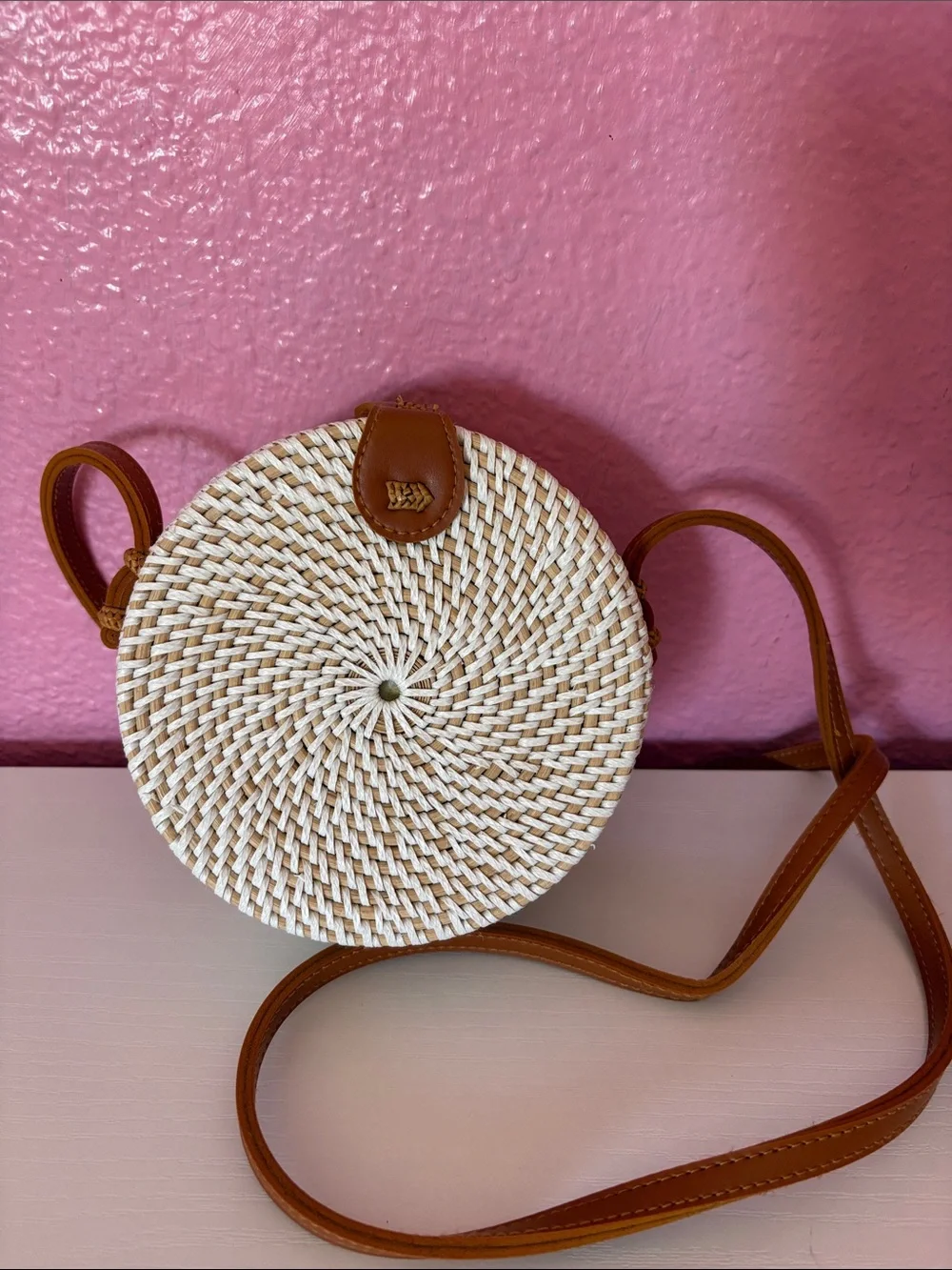 Woven Round Crossbody Bag in Natural and Brown